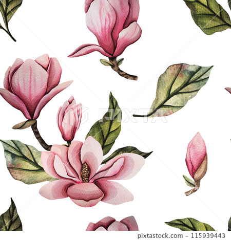 Seamless pattern with magnolia flower. Hand drawn watercolor illustration with pink magnolia flower bud and green leaves. Illustration for wedding design, prints, templates, greeting cards. Seamless pattern with magnolia flower. Hand drawn watercolor illustration with pink magnolia flower bud and green leaves. Illustration for wedding design, prints, templates, greeting cards. 115939443