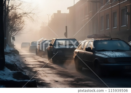 air pollution from the exhaust of cars in the city during the cold day, environmental pollution in the city. Neural network AI generated art 115939506
