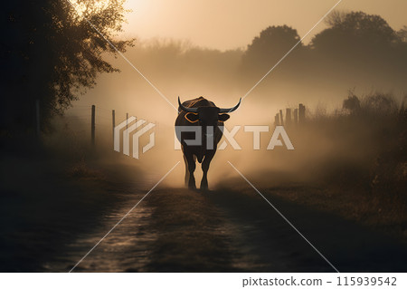 Bull in the wild, Landscape with sunset or sunrise. Neural network AI generated art 115939542