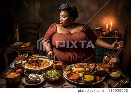 Dark skinned plus size girl and a lot of food. Neural network AI generated art 115939658