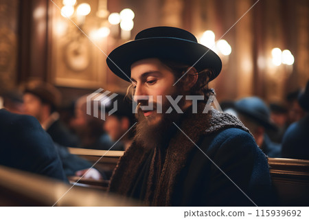 Orthodox Jew reads prayers in the temple. Neural network AI generated art 115939692