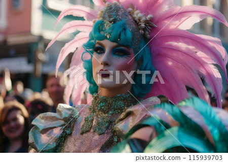 Woman in feather costume at carnival. Neural network AI generated art 115939703