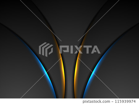 Black abstract wavy background with blue orange neon lights 115939974