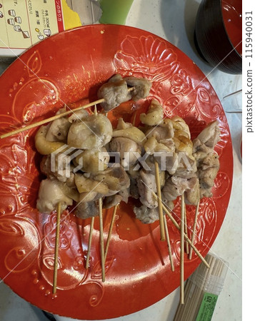 Yakitori (grilled chicken skewers) being sold at a summer vegetable stand Yakitori (grilled chicken skewers) being sold at a summer vegetable stand 115940031