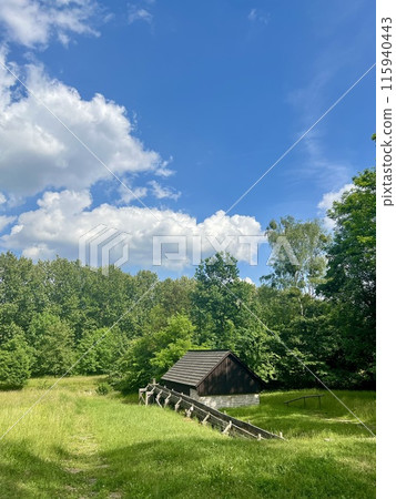 Old wooden house in the village. Upper Silesian Ethnographic park 115940443