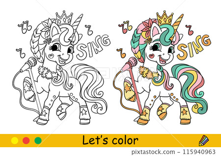 Unicorn singer and lettering kids coloring with template vector Unicorn singer and lettering kids coloring with template vector 115940963