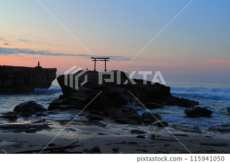 [Shizuoka Prefecture] Shirahama Shrine, Daimyojin Rock's Red Torii Gate at Dawn 115941050