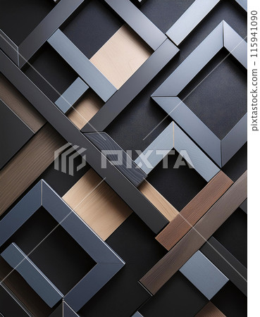 A geometric pattern of overlapping metallic frames on a textured background 115941090