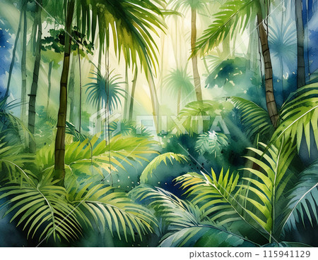 Jungle Reverie Lush jungle foliage bathed in soft light. Generative AI. 115941129