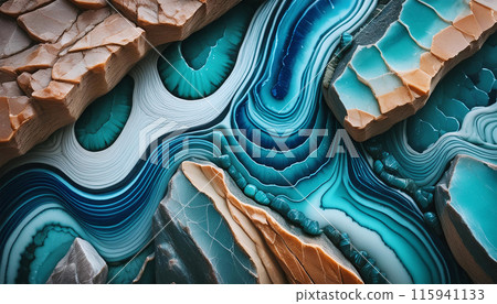 Vivid abstract landscape of blue and brown rock formations with swirling patterns and textures 115941133