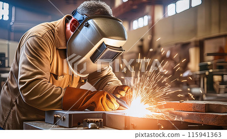 A welder in protective gear is diligently working amidst a shower of sparks in a metal workshop 115941363