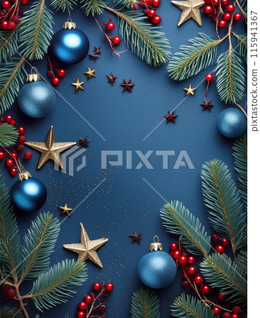 Christmas Magic Vibrant Christmas decorations arranged on a blue backdrop. Generative AI. 115941367