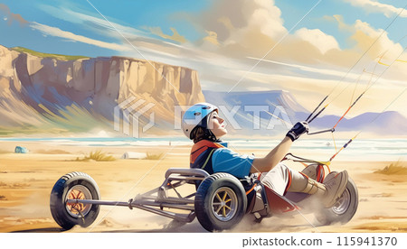 Desert Kite Adventure A helmeted woman pilots a land kite vehicle across a vast desert landscape 115941370