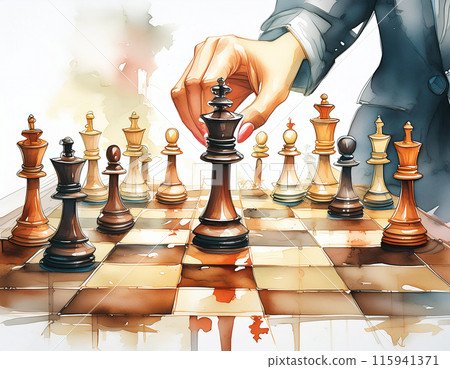 A hand moves a chess queen piece on a colorful board 115941371