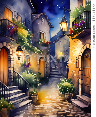 Cobblestone alley bathed in warm lights at dusk 115941372