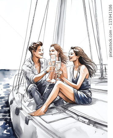 Friends Celebrating on a Yacht with Champagne Toast on a Sunny Day 115941386