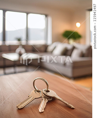 A warm depiction of keys on a table in a comfortable living space 115941497