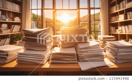 Sunlit Room Overwhelmed with Paperwork, Bookshelves Overflowing Sunlit Room Overwhelmed with Paperwork, Bookshelves Overflowing 115941498