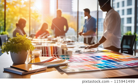 A vibrant workspace with color swatches and active collaboration A vibrant workspace with color swatches and active collaboration 115941499