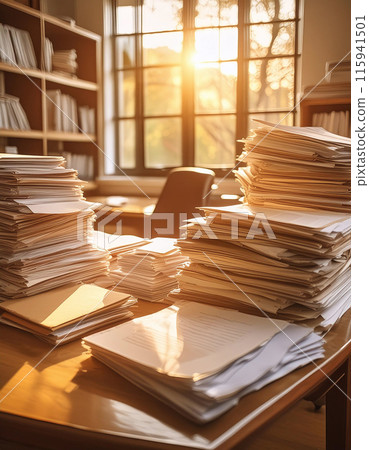 Sunlit Room Overwhelmed with Paperwork, Bookshelves Overflowing 115941501