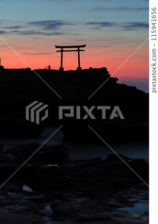 [Shizuoka Prefecture] Shirahama Shrine, Daimyojin Rock's Red Torii Gate at Dawn 115941656