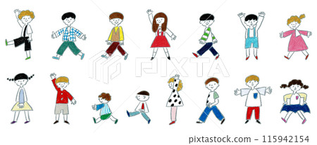 一組兒童各種全身姿勢的手寫插畫 115942154