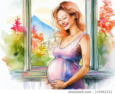 Happy Pregnant Woman in Watercolor Style Smiling by Window with Nature View 115942312