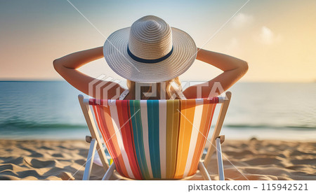A serene scene of a woman enjoying a tranquil beach sunset 115942521