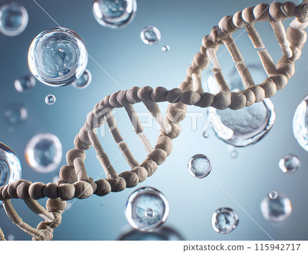 A DNA helix floats among transparent bubbles 115942717