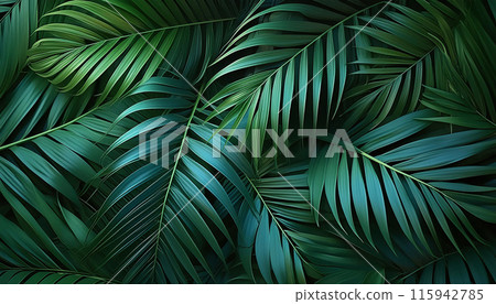Lush, overlapping palm leaves in varying shades of green, creating a tropical jungle vibe 115942785