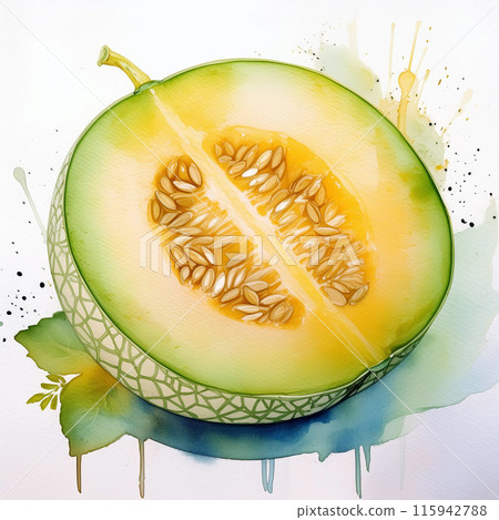 Vibrant watercolor painting of a cross-sectioned melon with splashes 115942788