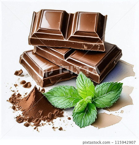 A stack of milk chocolate squares with a sprig of mint and chocolate shavings 115942907