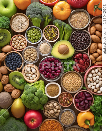 A colorful flat lay of fruits, vegetables, nuts, and seeds in bowls 115942908