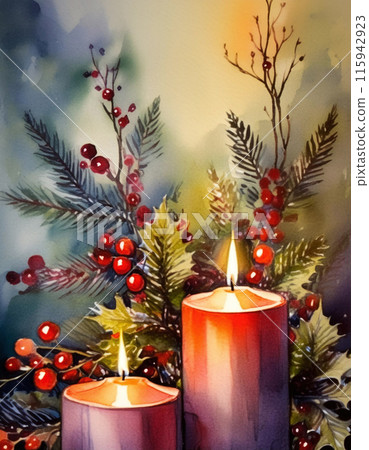 Two candles glow warmly amidst festive greenery and red berries 115942923