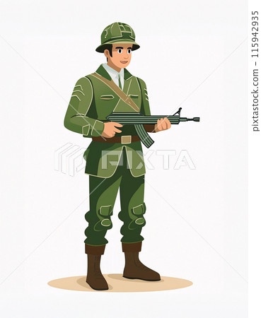 A vintage soldier, poised in green uniform with a rifle, digitally crafted 115942935