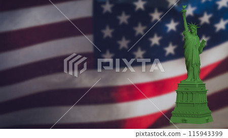 Statue on Usa flag of Liberty for independence day concept 3d rendering. 115943399