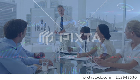 Image of financial data processing over diverse business people in office 115943530