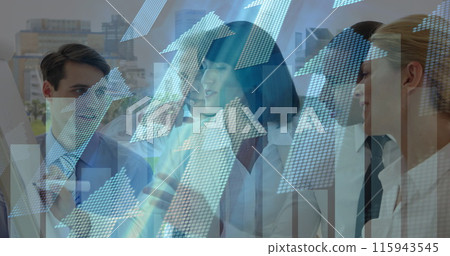 Image of financial data processing and arrows over diverse business people in office Image of financial data processing and arrows over diverse business people in office 115943545