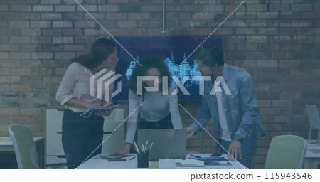 Image of graphs, trading board over diverse coworkers discussing blueprint over laptop in office Image of graphs, trading board over diverse coworkers discussing blueprint over laptop in office 115943546