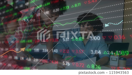 Image of financial data processing over diverse business people in office 115943563
