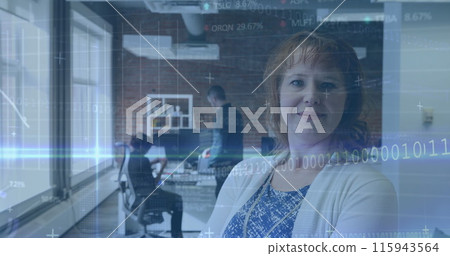 Image of binary codes, computer language, trading board over caucasian woman standing in office 115943564