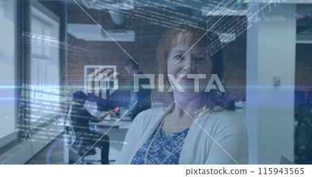 Image of binary codes, computer language, trading board over caucasian woman standing in office 115943565