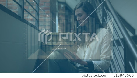 Image of graphs over thoughtful caucasian woman sitting on staircase using digital tablet 115943566