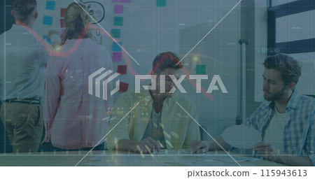 Business people are interacting with each other and looking at sticky notes on a whiteboard in an of Business people are interacting with each other and looking at sticky notes on a whiteboard in an of 115943613