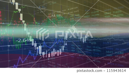 Image of financial and stock market data processing against waving columbia flag 115943614