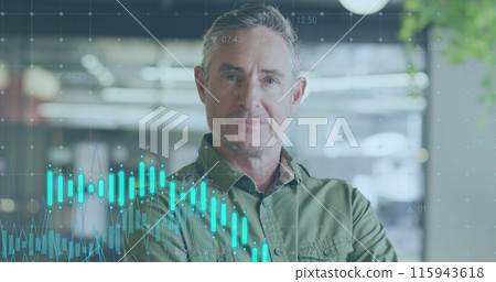 Image of data processing with icons over caucasian businessman at office 115943618