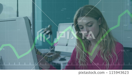 Image of financial data processing over businesswoman using computer 115943623