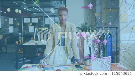 Image of network of connections with icons over african american businesswoman at office 115943635