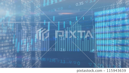 Image of statistical data processing over screens of mosaic squares against blue background Image of statistical data processing over screens of mosaic squares against blue background 115943639