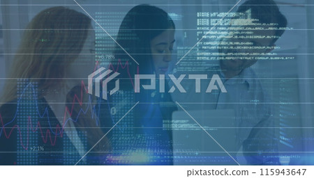 Image of graphs, binary codes, computer language over diverse coworkers sharing ideas in office Image of graphs, binary codes, computer language over diverse coworkers sharing ideas in office 115943647